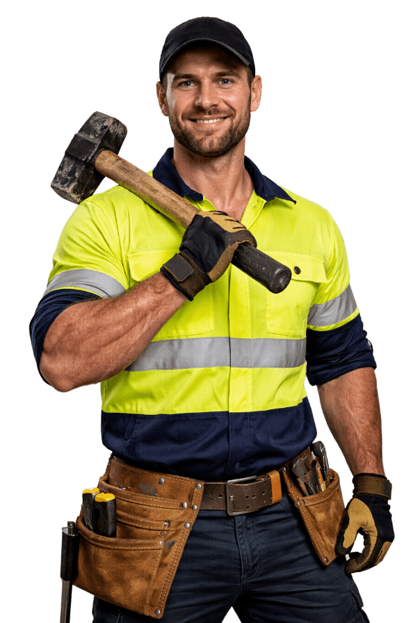 The Cairns Boyz contractor in high-vis workwear carrying a sledgehammer over his shoulder